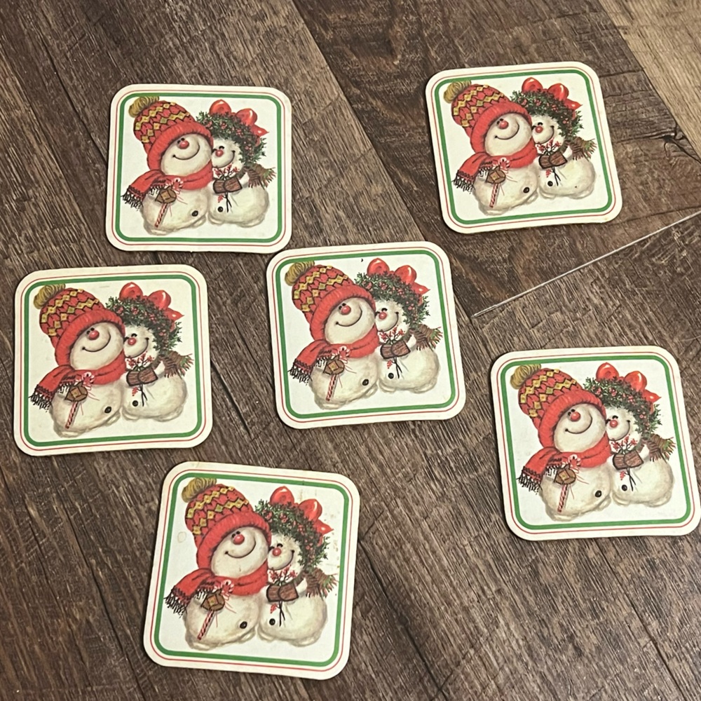 vintage christmas coasters Set Of 6, Cute Snowman Couple